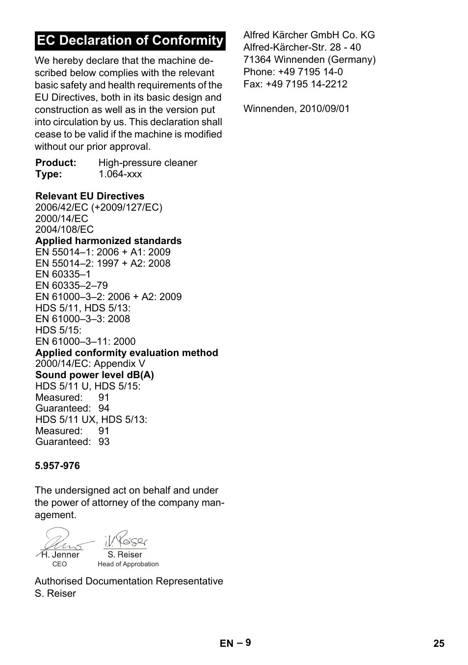 Ec declaration of conformity | Karcher HDS 5-11 U User Manual | Page 25 / 296