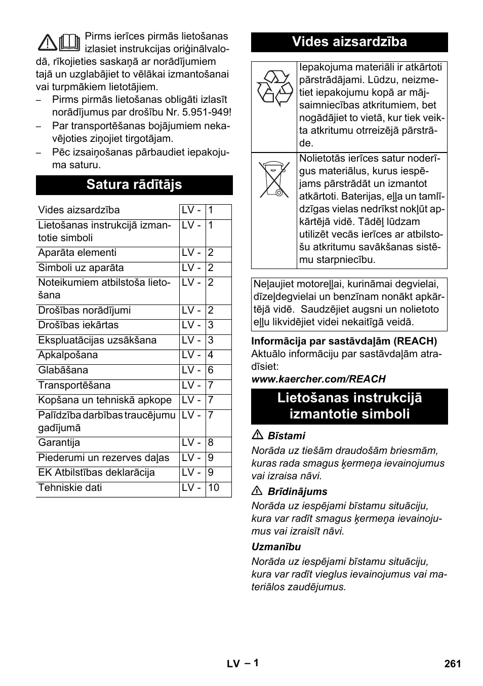 Latviešu, Satura rādītājs, Vides aizsardzība | Lietošanas instrukcijā izmantotie simboli | Karcher HDS 5-11 U User Manual | Page 261 / 296