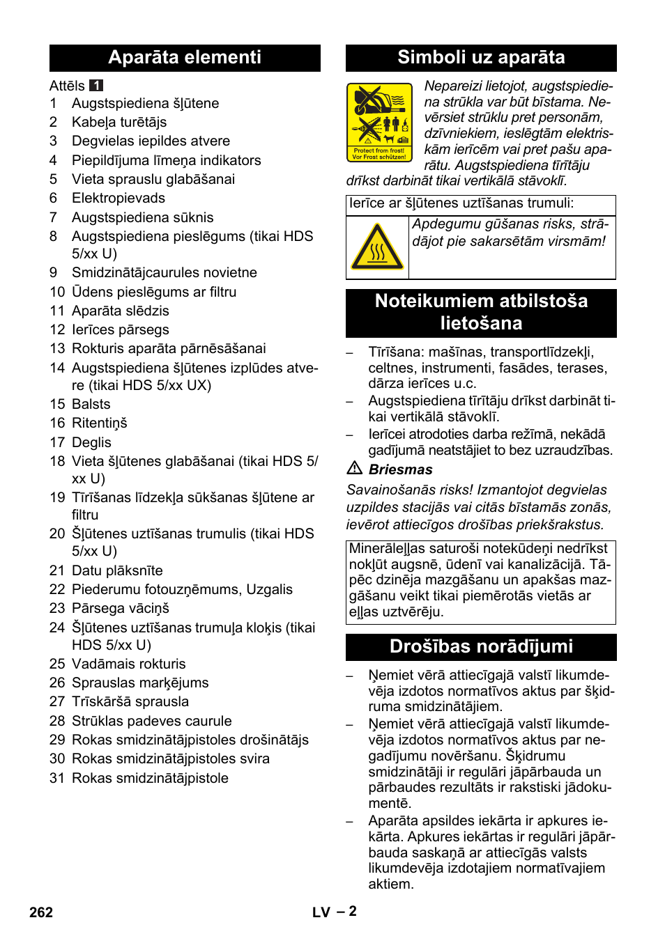 Aparāta elementi simboli uz aparāta, Drošības norādījumi | Karcher HDS 5-11 U User Manual | Page 262 / 296