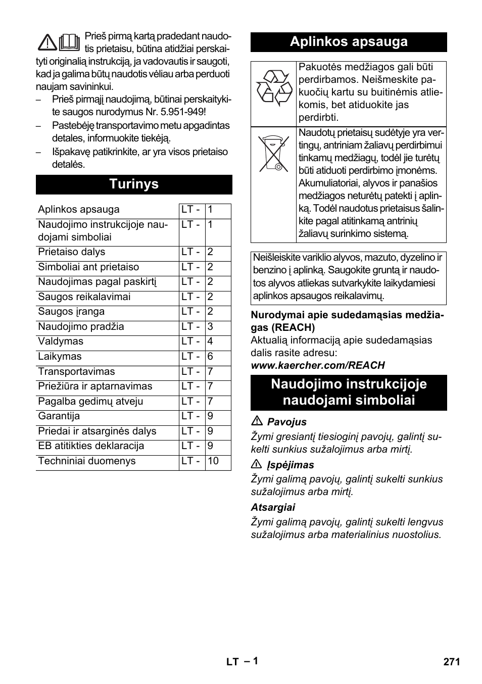 Lietuviškai, Turinys, Aplinkos apsauga | Naudojimo instrukcijoje naudojami simboliai | Karcher HDS 5-11 U User Manual | Page 271 / 296
