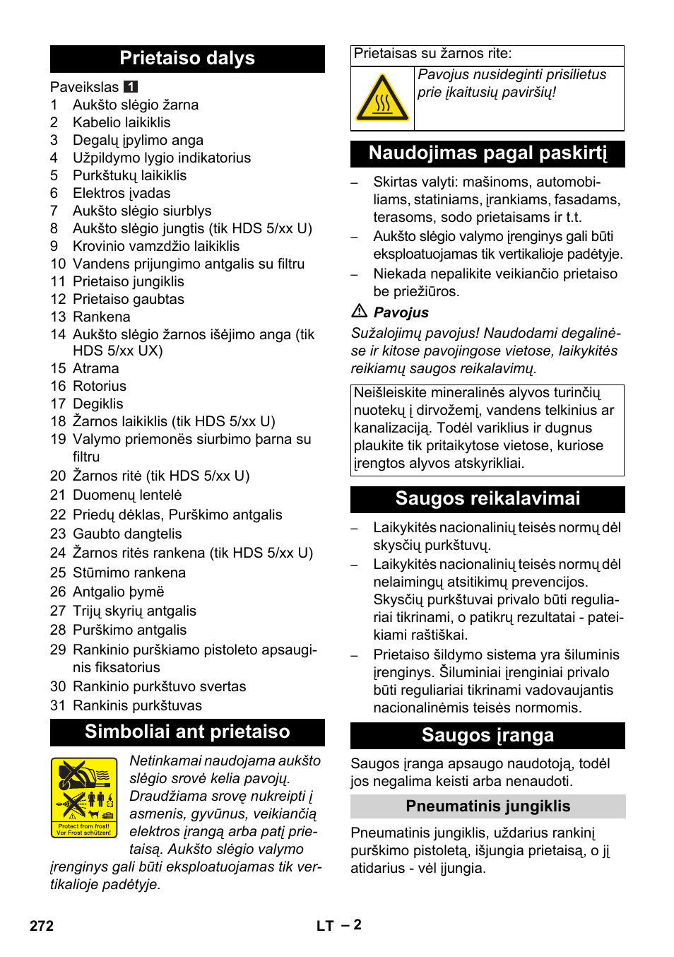 Prietaiso dalys simboliai ant prietaiso, Naudojimas pagal paskirtį, Saugos reikalavimai saugos įranga | Karcher HDS 5-11 U User Manual | Page 272 / 296