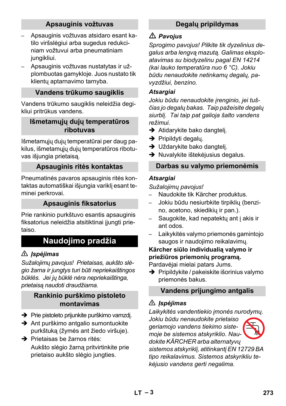 Naudojimo pradžia | Karcher HDS 5-11 U User Manual | Page 273 / 296