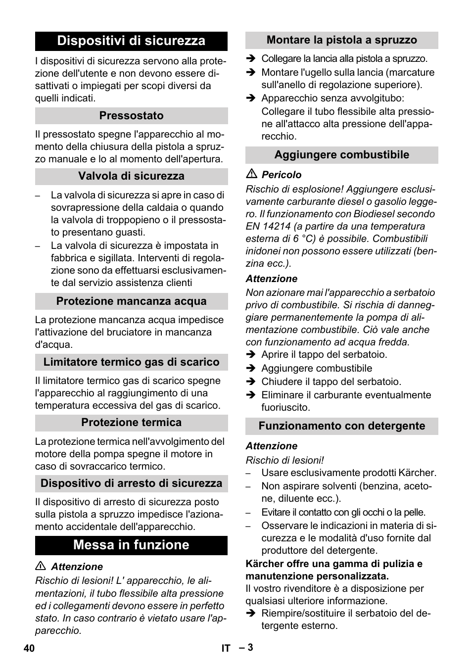 Dispositivi di sicurezza, Messa in funzione | Karcher HDS 5-11 U User Manual | Page 40 / 296