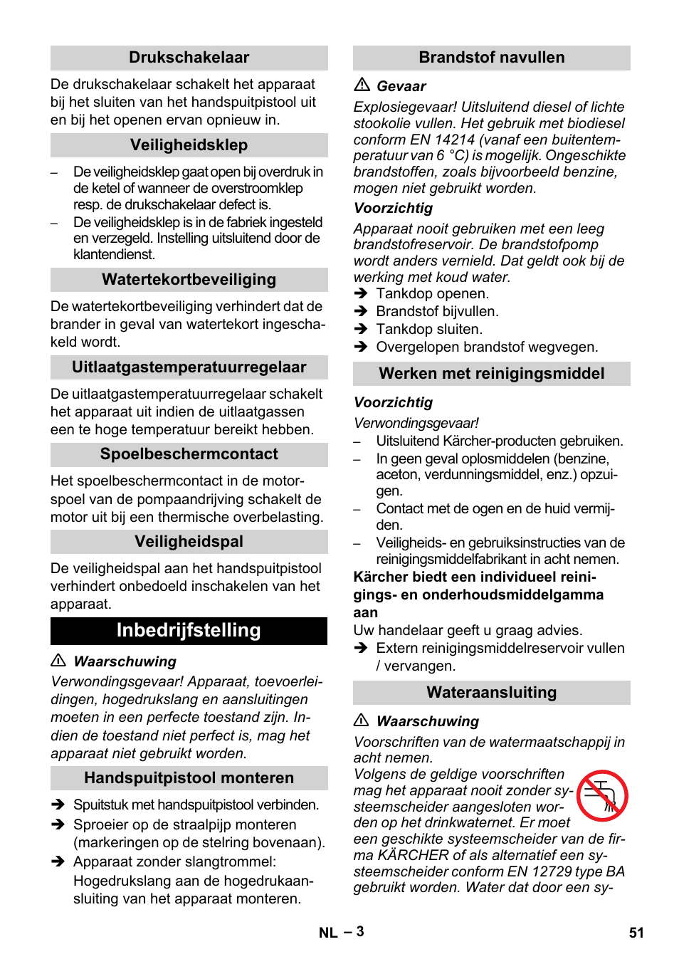 Inbedrijfstelling | Karcher HDS 5-11 U User Manual | Page 51 / 296
