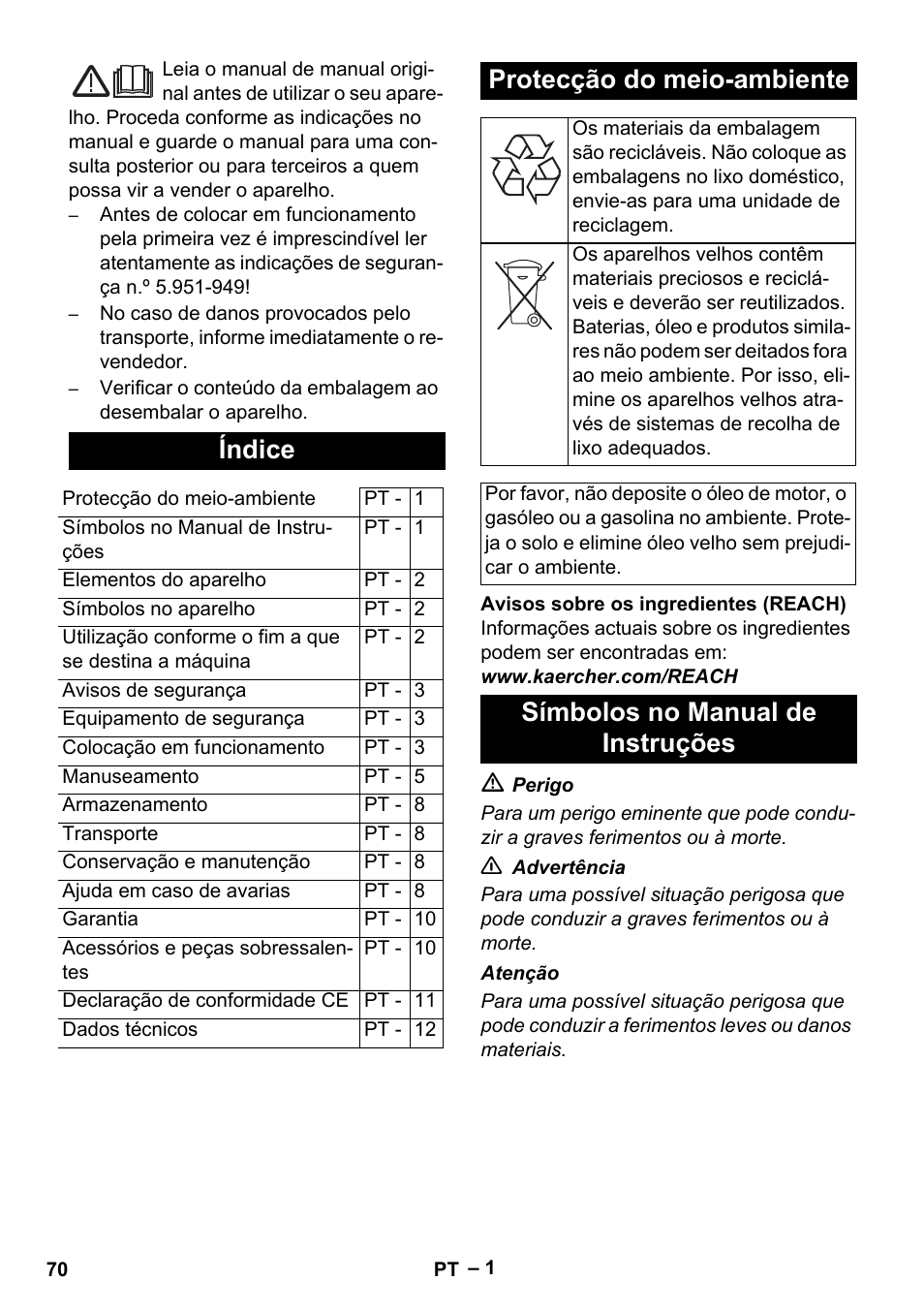 Português, Índice, Protecção do meio-ambiente | Símbolos no manual de instruções | Karcher HDS 5-11 U User Manual | Page 70 / 296