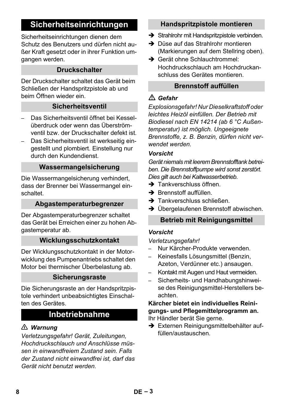 Sicherheitseinrichtungen, Inbetriebnahme | Karcher HDS 5-11 U User Manual | Page 8 / 296