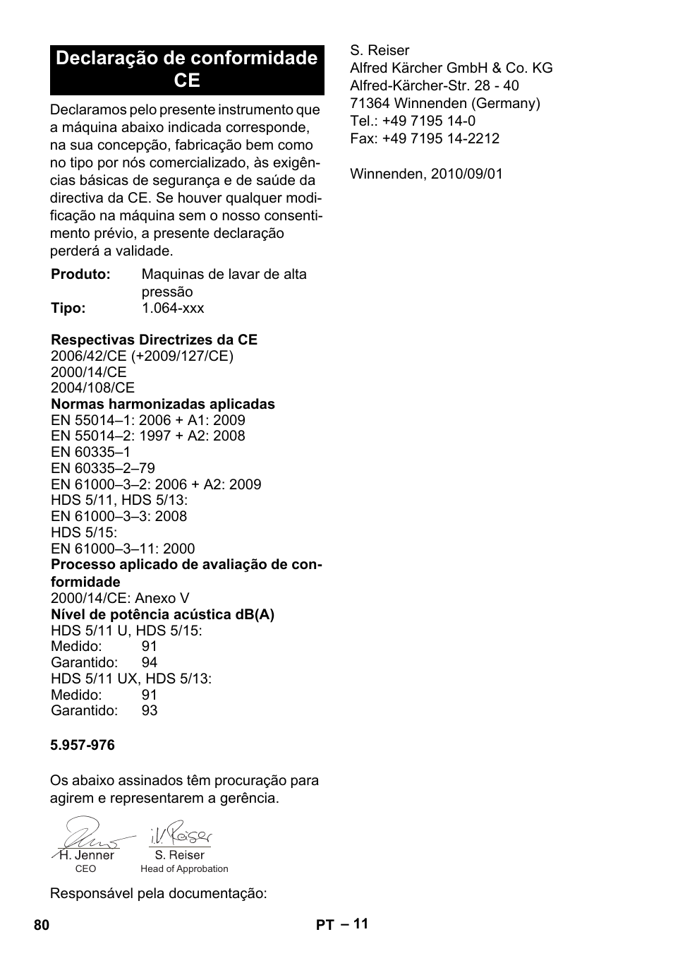 Declaração de conformidade ce | Karcher HDS 5-11 U User Manual | Page 80 / 296