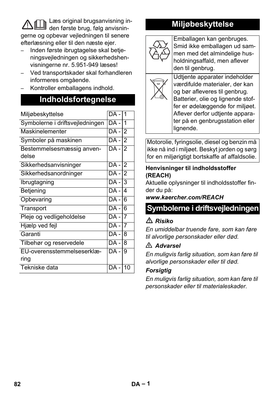 Dansk, Indholdsfortegnelse, Miljøbeskyttelse | Symbolerne i driftsvejledningen | Karcher HDS 5-11 U User Manual | Page 82 / 296