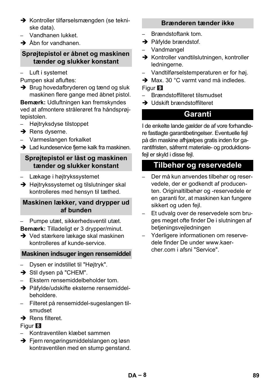 Garanti tilbehør og reservedele | Karcher HDS 5-11 U User Manual | Page 89 / 296