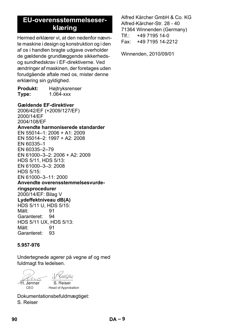 Eu-overensstemmelseser- klæring | Karcher HDS 5-11 U User Manual | Page 90 / 296