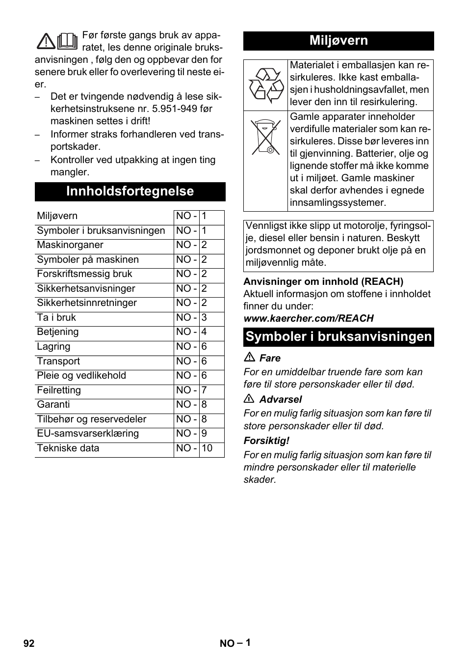 Norsk, Innholdsfortegnelse, Miljøvern | Symboler i bruksanvisningen | Karcher HDS 5-11 U User Manual | Page 92 / 296