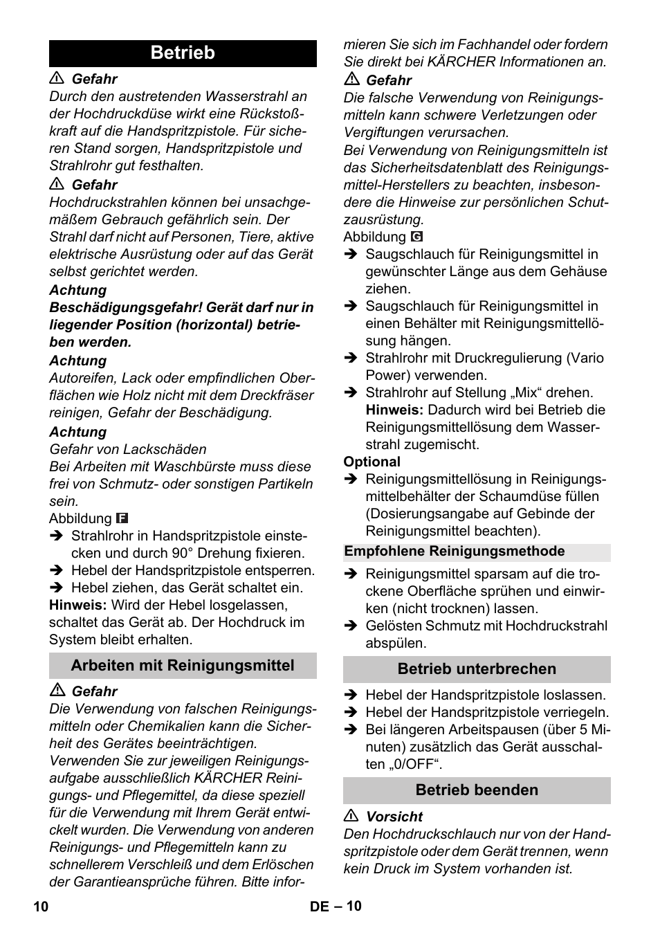 Betrieb, Arbeiten mit reinigungsmittel, Empfohlene reinigungsmethode | Betrieb unterbrechen, Betrieb beenden | Karcher K 4 Compact User Manual | Page 10 / 274