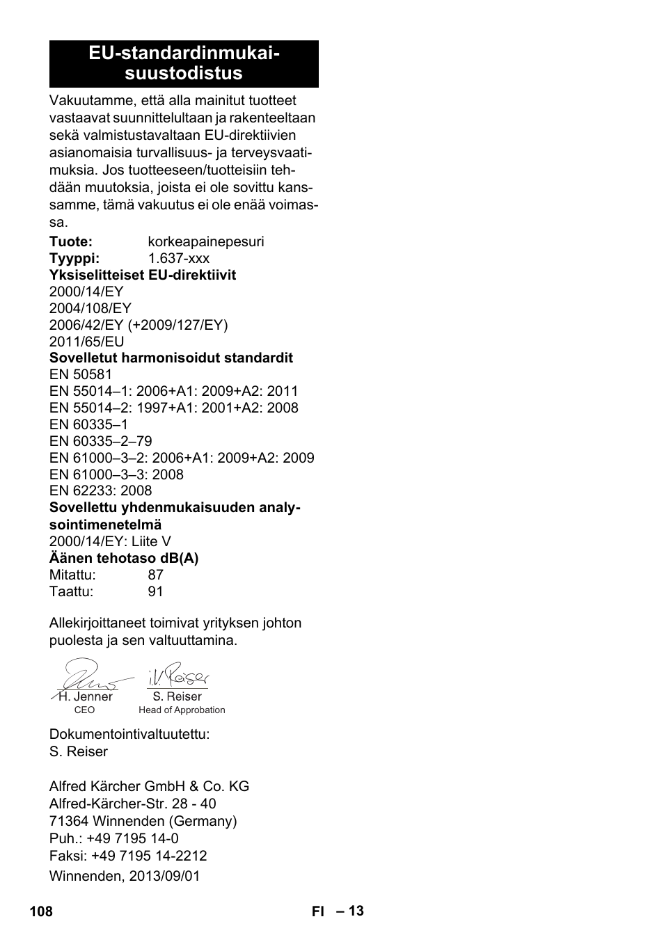 Eu-standardinmukai- suustodistus | Karcher K 4 Compact User Manual | Page 108 / 274