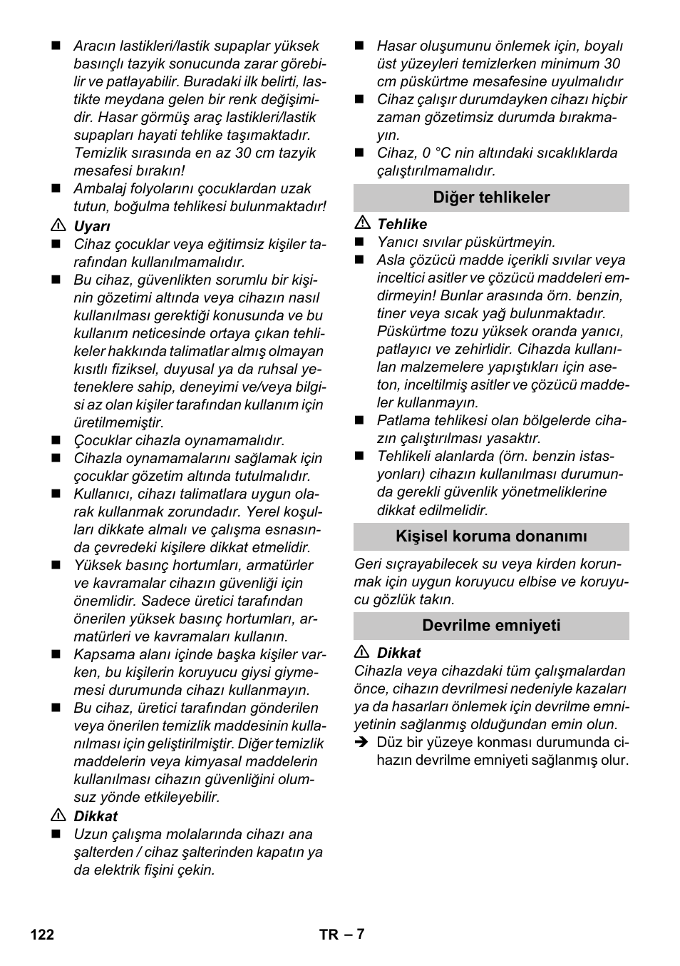 Diğer tehlikeler, Kişisel koruma donanımı, Devrilme emniyeti | Karcher K 4 Compact User Manual | Page 122 / 274