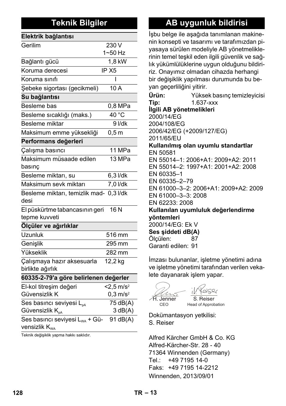 Teknik bilgiler, Ab uygunluk bildirisi | Karcher K 4 Compact User Manual | Page 128 / 274