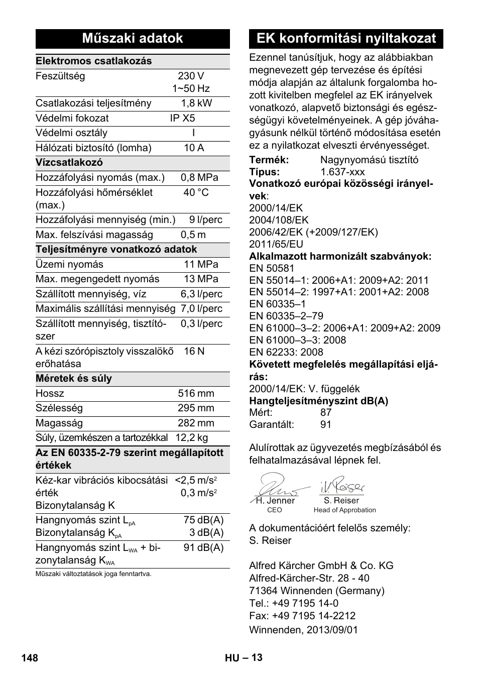 Műszaki adatok, Ek konformitási nyiltakozat | Karcher K 4 Compact User Manual | Page 148 / 274