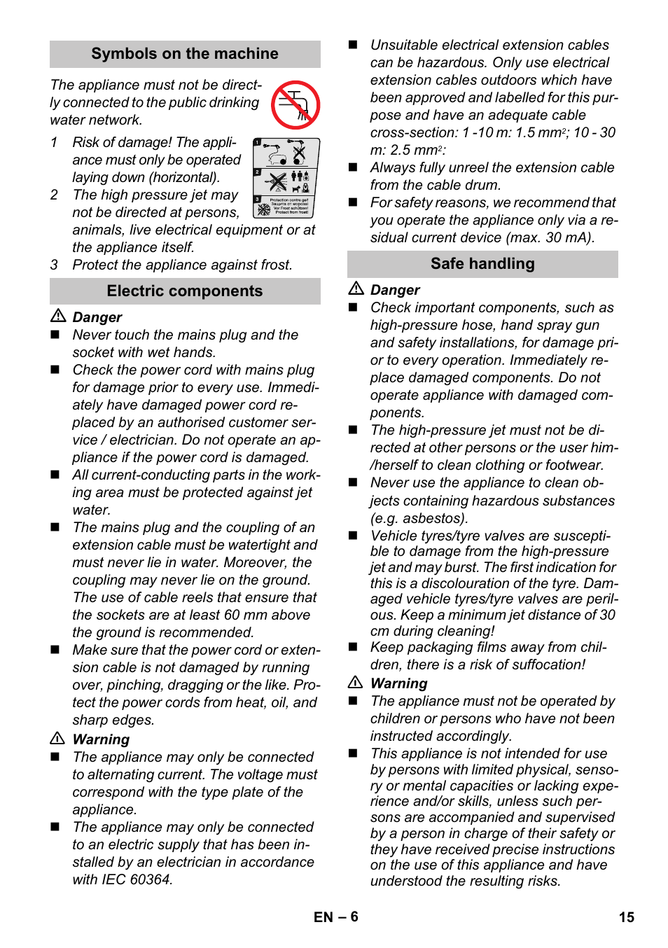Symbols on the machine, Electric components, Safe handling | Karcher K 4 Compact User Manual | Page 15 / 274