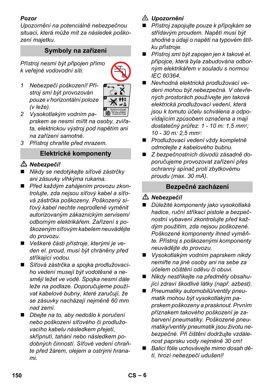 Symboly na zařízení, Elektrické komponenty, Bezpečné zacházení | Karcher K 4 Compact User Manual | Page 150 / 274
