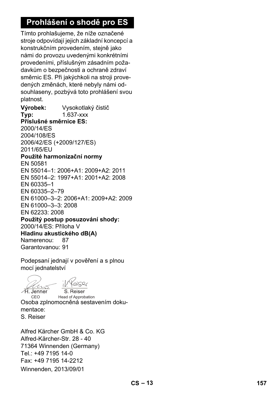 Prohlášení o shodě pro es | Karcher K 4 Compact User Manual | Page 157 / 274