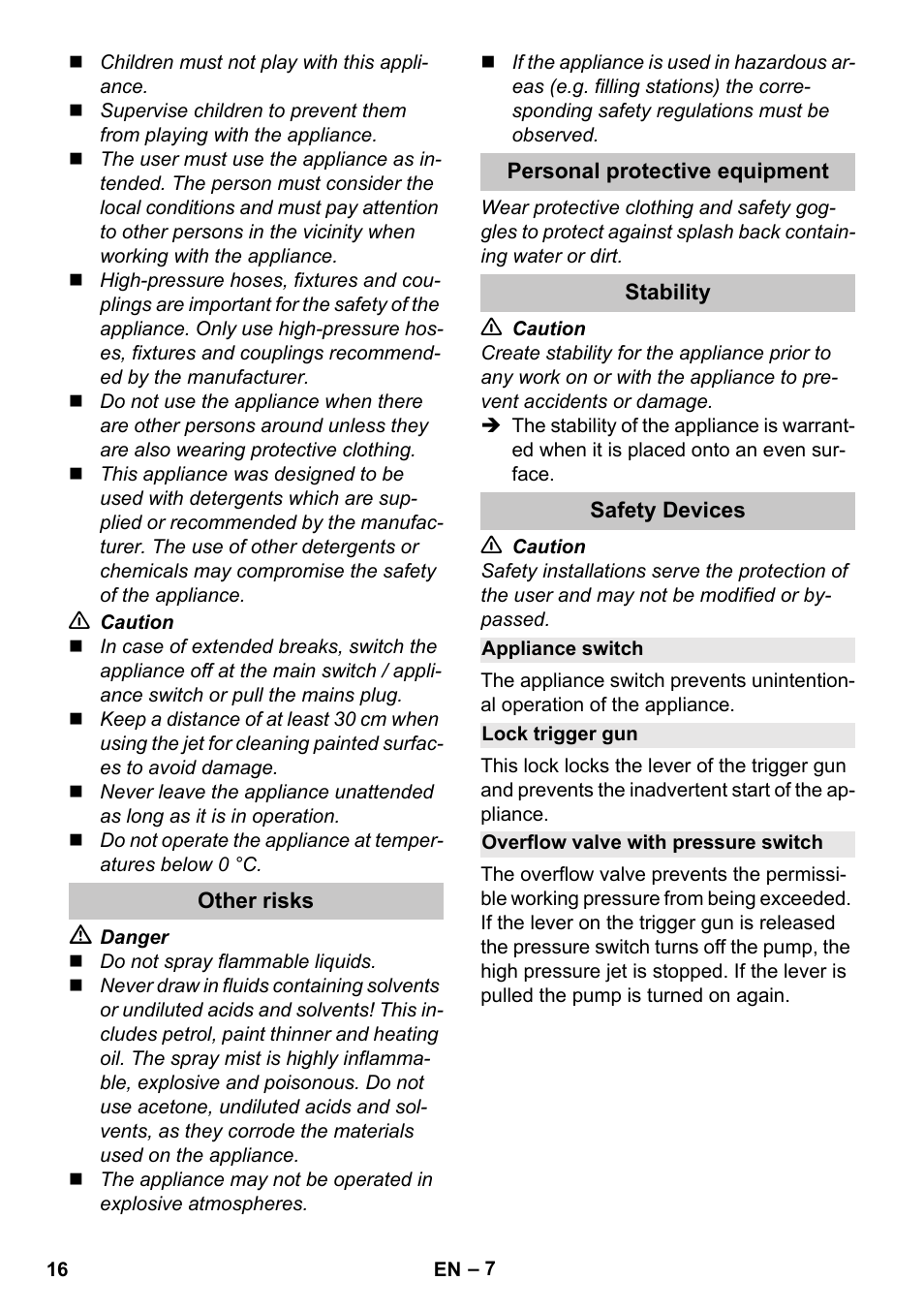 Other risks, Personal protective equipment, Stability | Safety devices, Appliance switch, Lock trigger gun, Overflow valve with pressure switch | Karcher K 4 Compact User Manual | Page 16 / 274