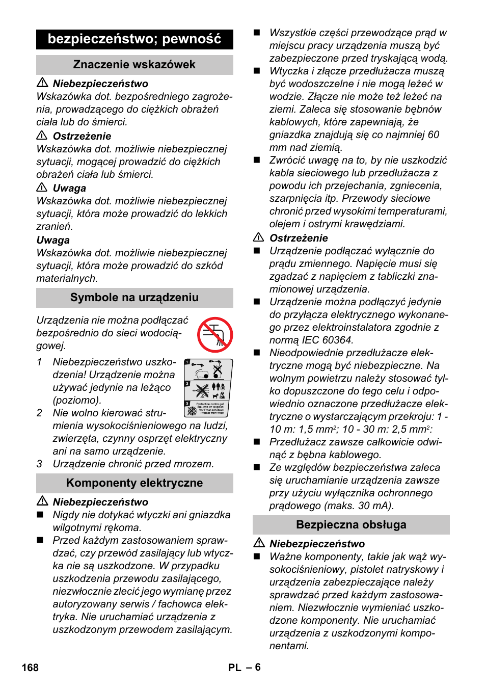 Bezpieczeństwo; pewność, Znaczenie wskazówek, Symbole na urządzeniu | Komponenty elektryczne, Bezpieczna obsługa | Karcher K 4 Compact User Manual | Page 168 / 274