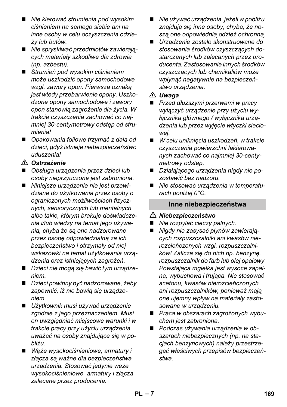 Inne niebezpieczeństwa | Karcher K 4 Compact User Manual | Page 169 / 274