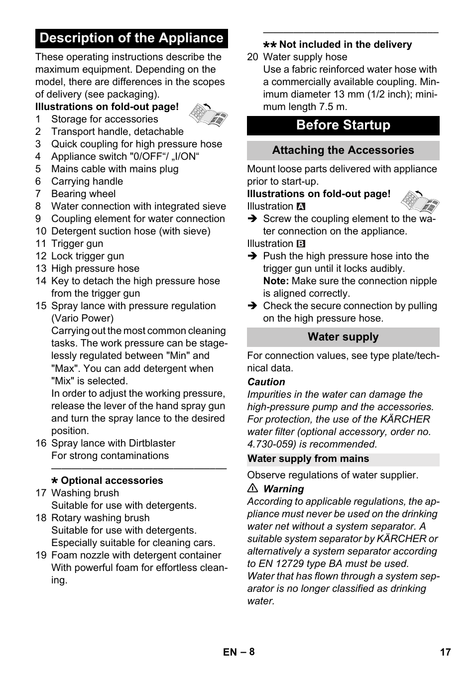Description of the appliance, Before startup, Attaching the accessories | Water supply, Water supply from mains, Description of the appliance before startup | Karcher K 4 Compact User Manual | Page 17 / 274