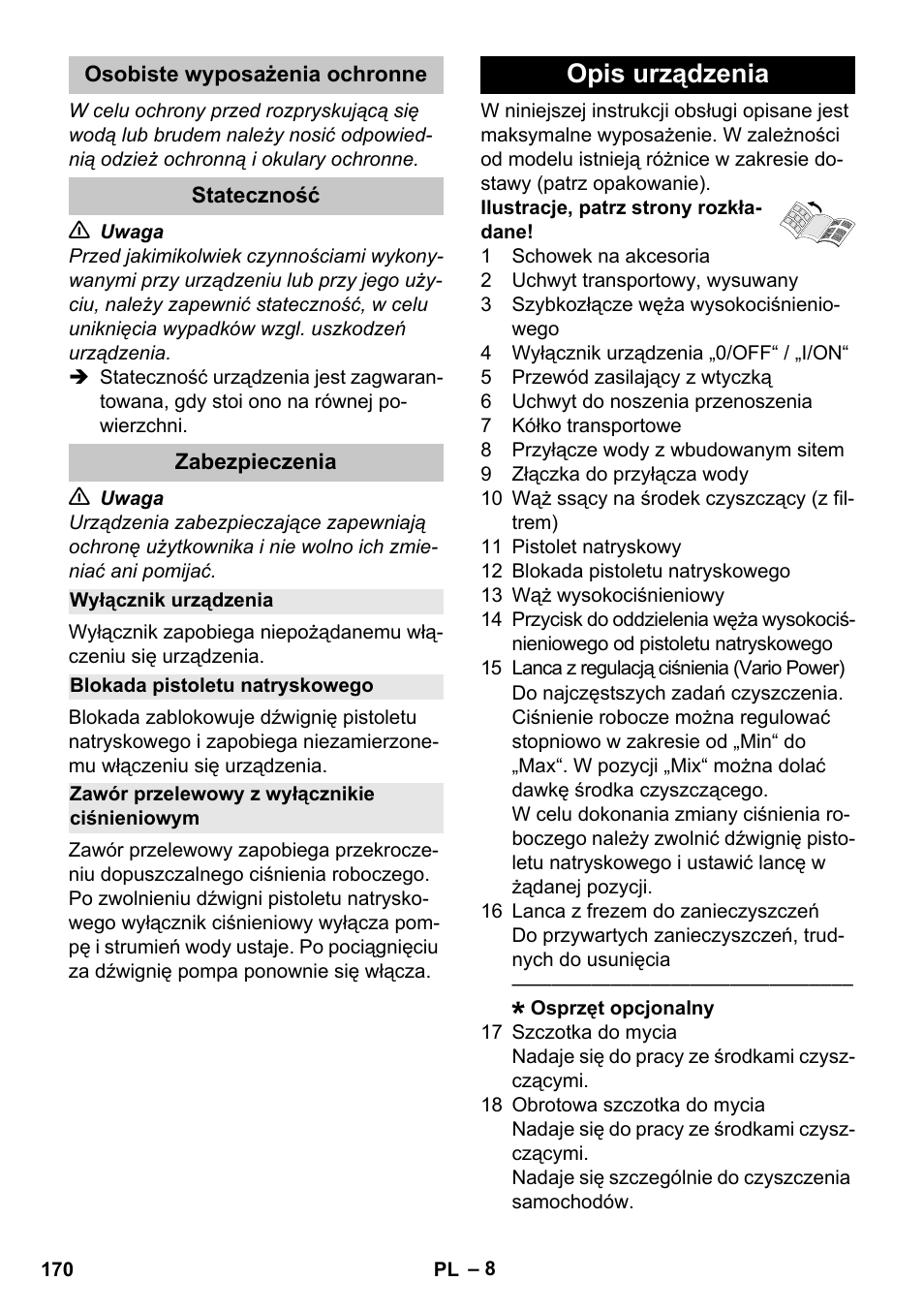 Osobiste wyposażenia ochronne, Stateczność, Zabezpieczenia | Wyłącznik urządzenia, Blokada pistoletu natryskowego, Zawór przelewowy z wyłącznikie ciśnieniowym, Opis urządzenia | Karcher K 4 Compact User Manual | Page 170 / 274
