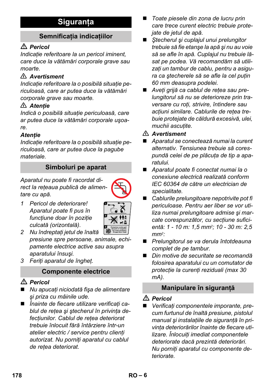 Siguranţa, Semnificaţia indicaţiilor, Simboluri pe aparat | Componente electrice, Manipulare în siguranţă | Karcher K 4 Compact User Manual | Page 178 / 274