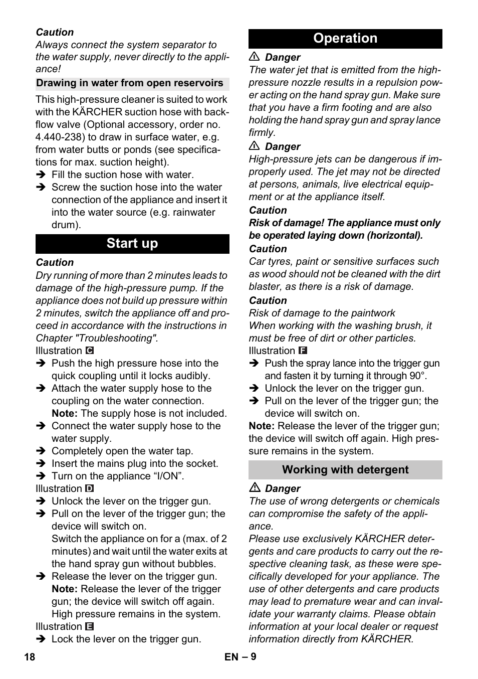 Drawing in water from open reservoirs, Start up, Operation | Working with detergent, Start up operation | Karcher K 4 Compact User Manual | Page 18 / 274
