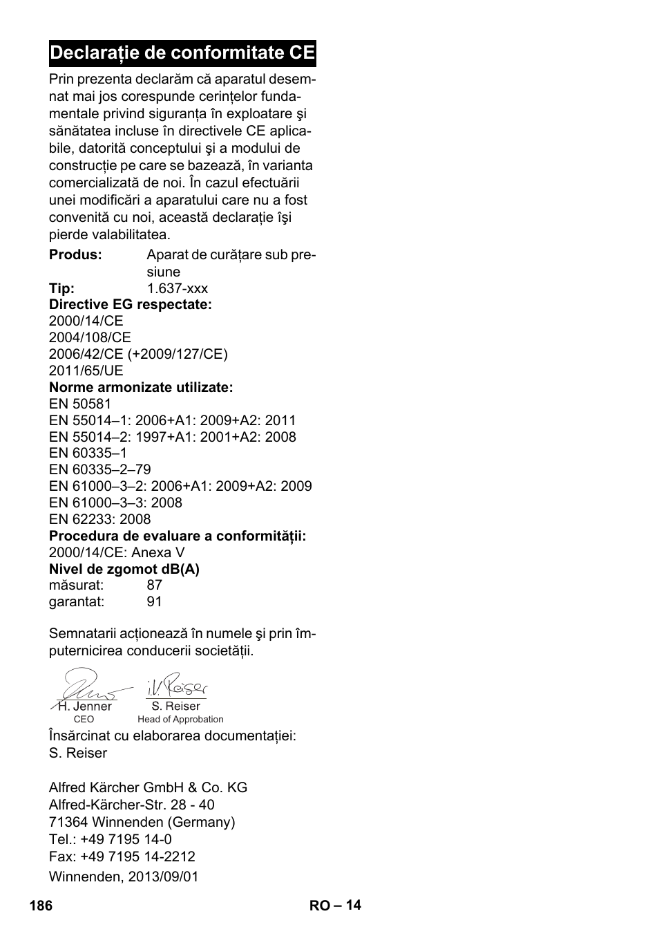 Declaraţie de conformitate ce | Karcher K 4 Compact User Manual | Page 186 / 274