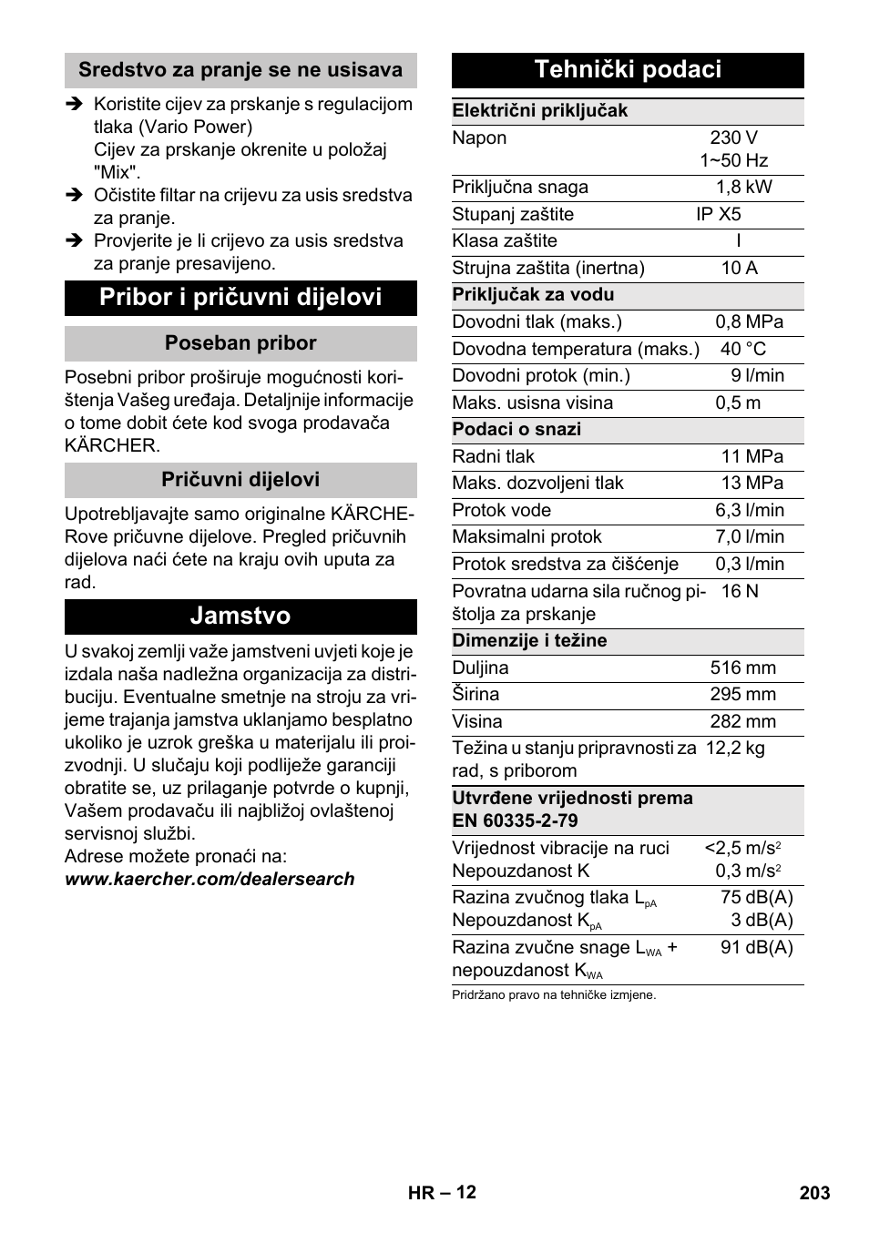 Sredstvo za pranje se ne usisava, Pribor i pričuvni dijelovi, Poseban pribor | Pričuvni dijelovi, Jamstvo, Tehnički podaci, Jamstvo tehnički podaci | Karcher K 4 Compact User Manual | Page 203 / 274