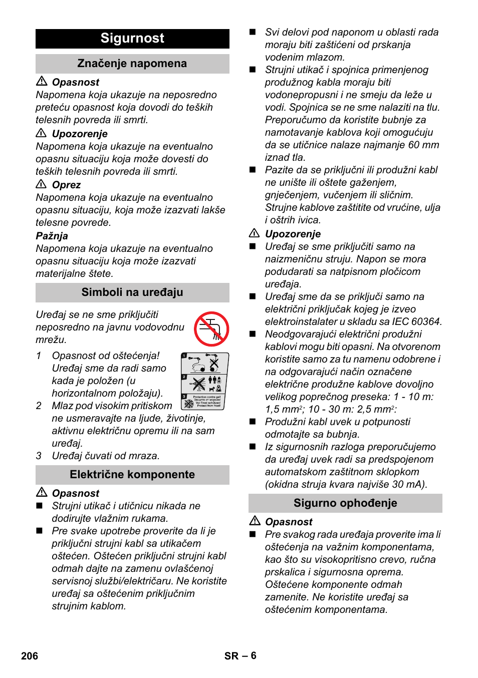 Sigurnost, Značenje napomena, Simboli na uređaju | Električne komponente, Sigurno ophođenje | Karcher K 4 Compact User Manual | Page 206 / 274