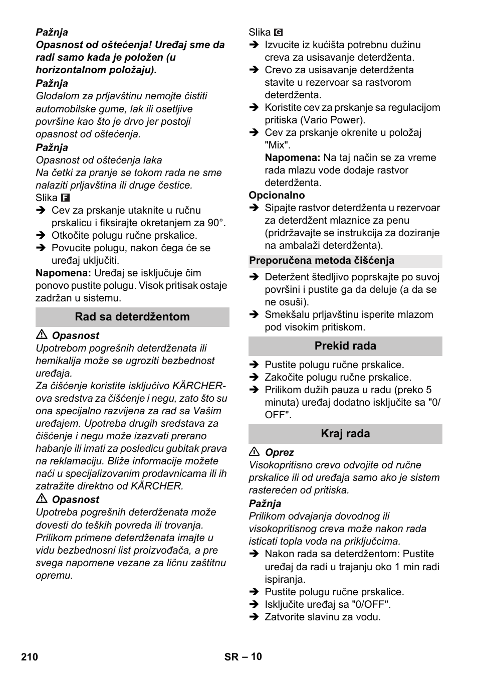 Rad sa deterdžentom, Preporučena metoda čišćenja, Prekid rada | Kraj rada | Karcher K 4 Compact User Manual | Page 210 / 274