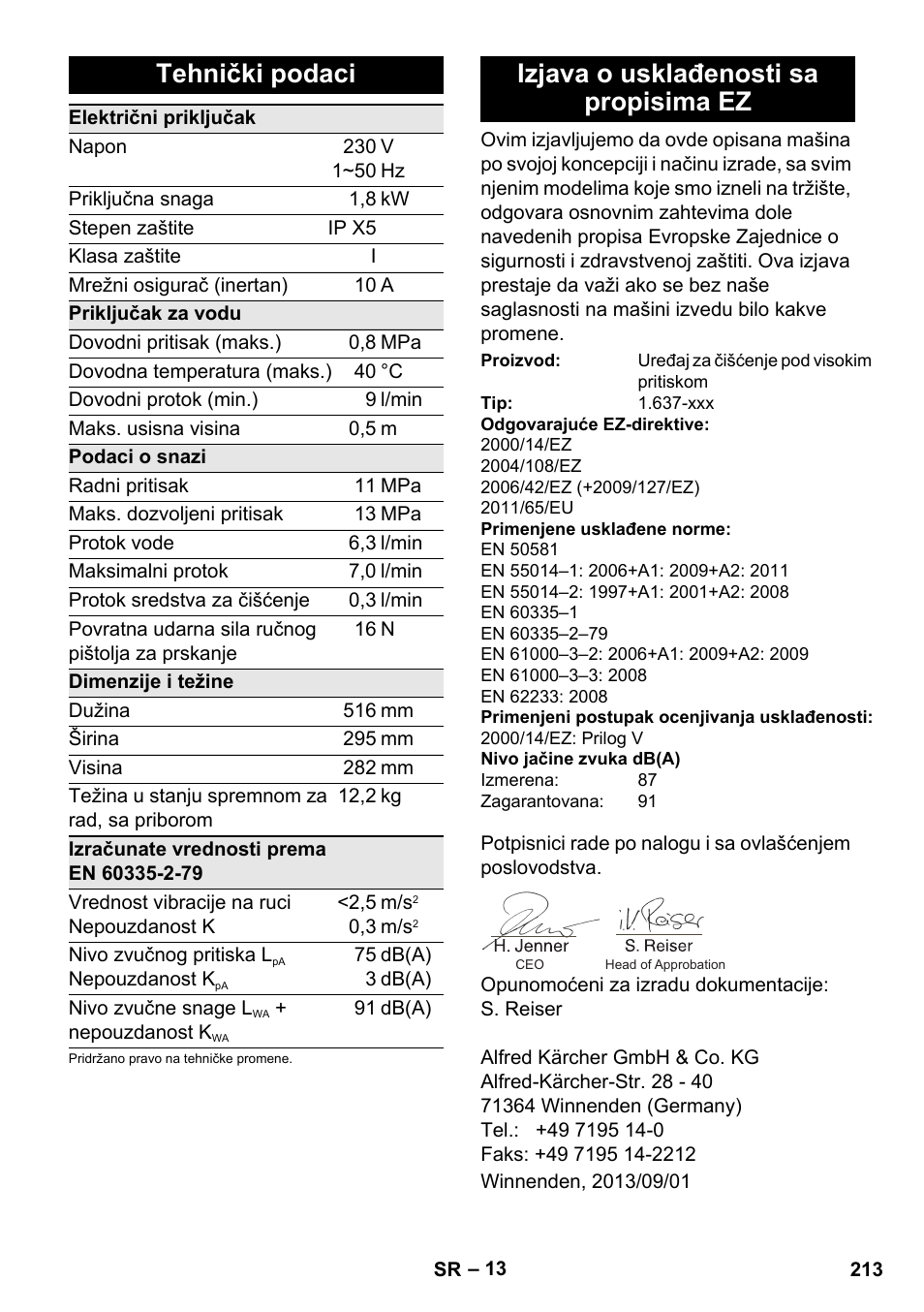 Tehnički podaci, Izjava o usklađenosti sa propisima ez | Karcher K 4 Compact User Manual | Page 213 / 274