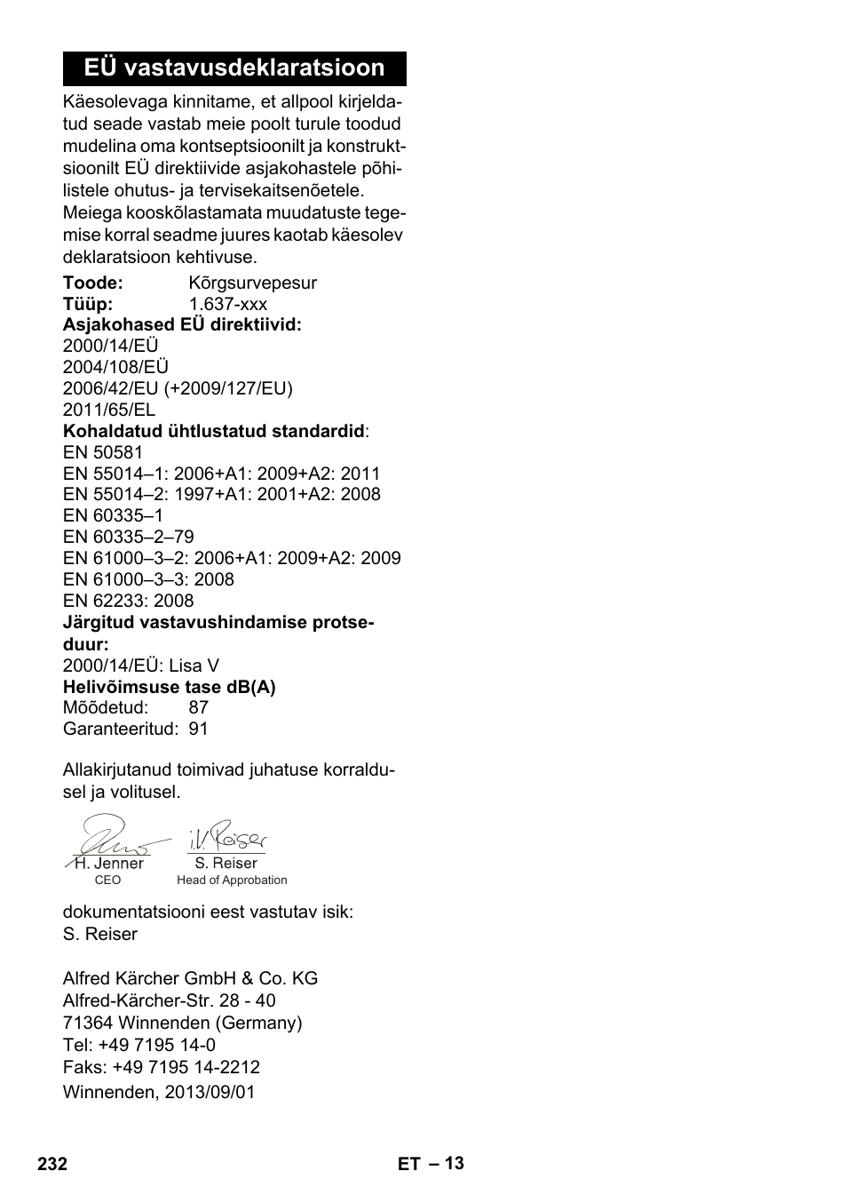 Eü vastavusdeklaratsioon | Karcher K 4 Compact User Manual | Page 232 / 274