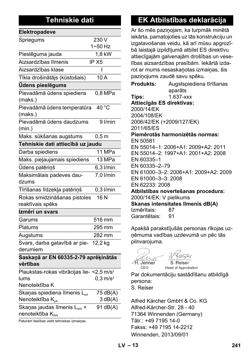Tehniskie dati, Ek atbilstības deklarācija | Karcher K 4 Compact User Manual | Page 241 / 274