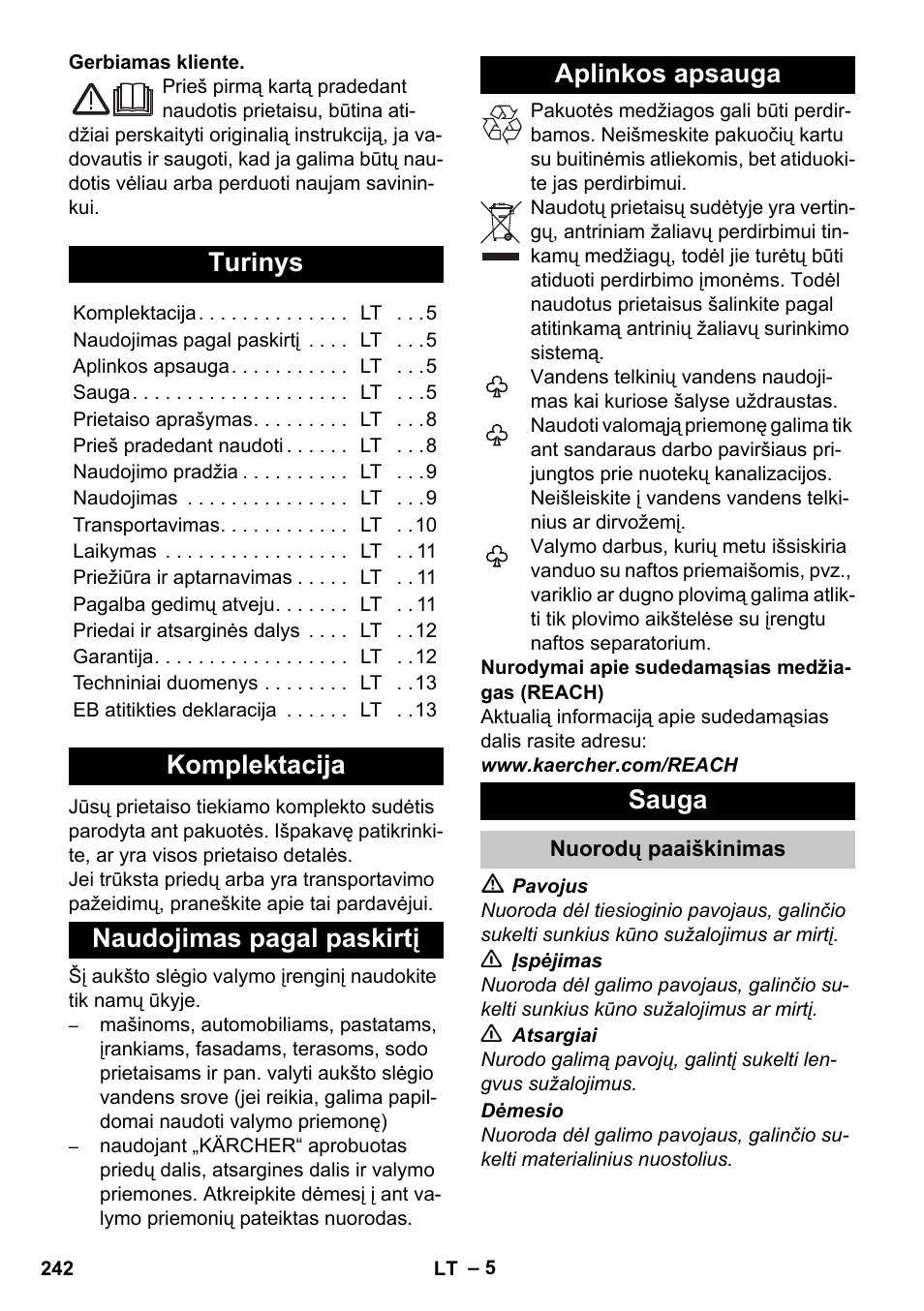 Lietuviškai, Turinys, Komplektacija | Naudojimas pagal paskirtį, Aplinkos apsauga, Sauga, Nuorodų paaiškinimas | Karcher K 4 Compact User Manual | Page 242 / 274