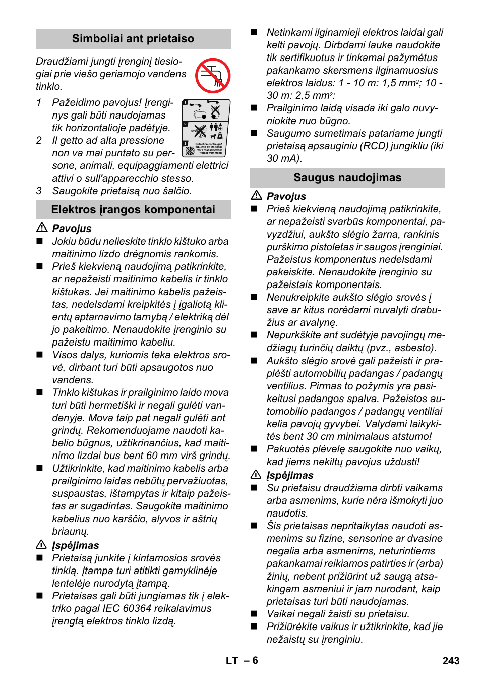 Simboliai ant prietaiso, Elektros įrangos komponentai, Saugus naudojimas | Karcher K 4 Compact User Manual | Page 243 / 274