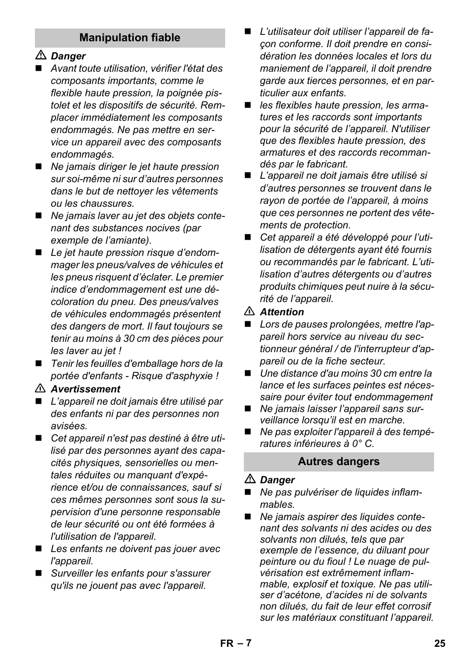 Manipulation fiable, Autres dangers | Karcher K 4 Compact User Manual | Page 25 / 274