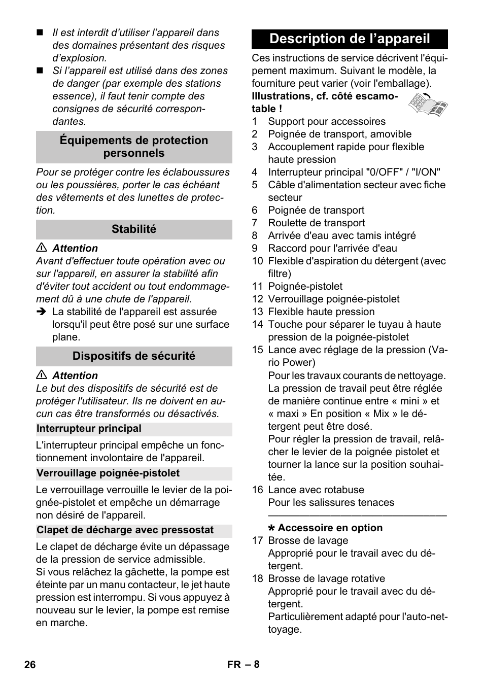 Équipements de protection personnels, Stabilité, Dispositifs de sécurité | Interrupteur principal, Verrouillage poignée-pistolet, Clapet de décharge avec pressostat, Description de l’appareil | Karcher K 4 Compact User Manual | Page 26 / 274