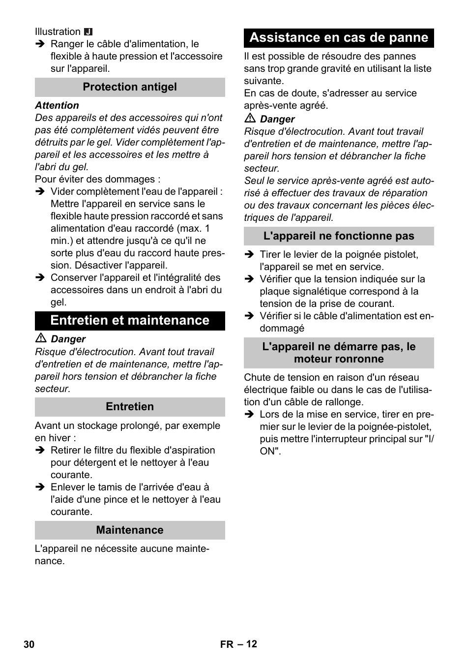 Protection antigel, Entretien et maintenance, Entretien | Maintenance, Assistance en cas de panne, L'appareil ne fonctionne pas, L'appareil ne démarre pas, le moteur ronronne | Karcher K 4 Compact User Manual | Page 30 / 274