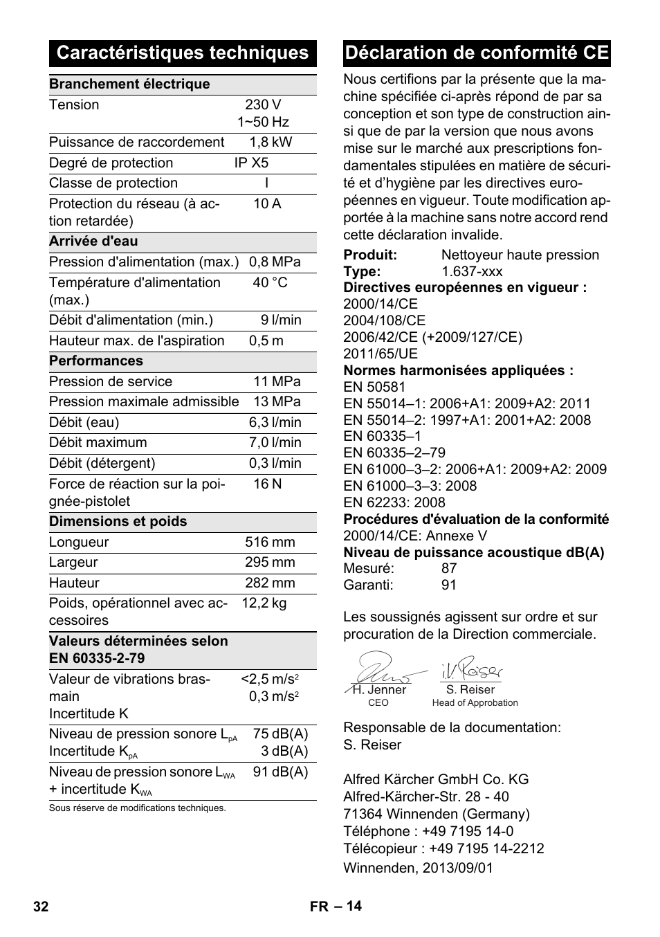 Caractéristiques techniques, Déclaration de conformité ce | Karcher K 4 Compact User Manual | Page 32 / 274