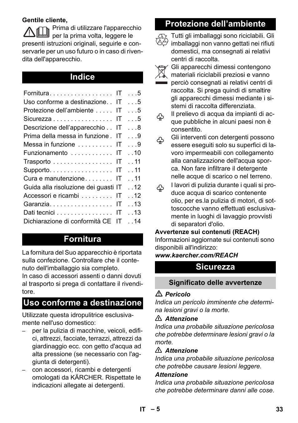 Italiano, Indice, Fornitura | Uso conforme a destinazione, Protezione dell’ambiente, Sicurezza, Significato delle avvertenze | Karcher K 4 Compact User Manual | Page 33 / 274