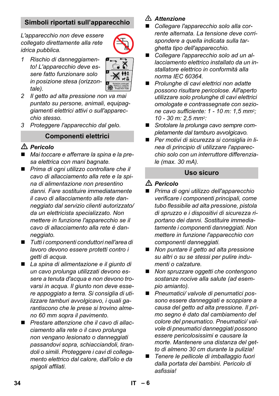 Simboli riportati sull’apparecchio, Componenti elettrici, Uso sicuro | Karcher K 4 Compact User Manual | Page 34 / 274