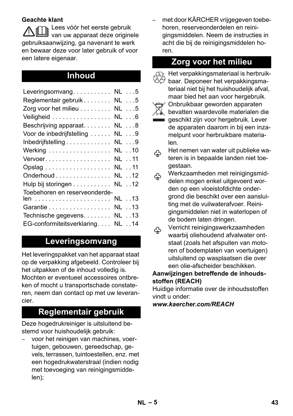 Nederlands, Inhoud, Leveringsomvang | Reglementair gebruik, Zorg voor het milieu | Karcher K 4 Compact User Manual | Page 43 / 274