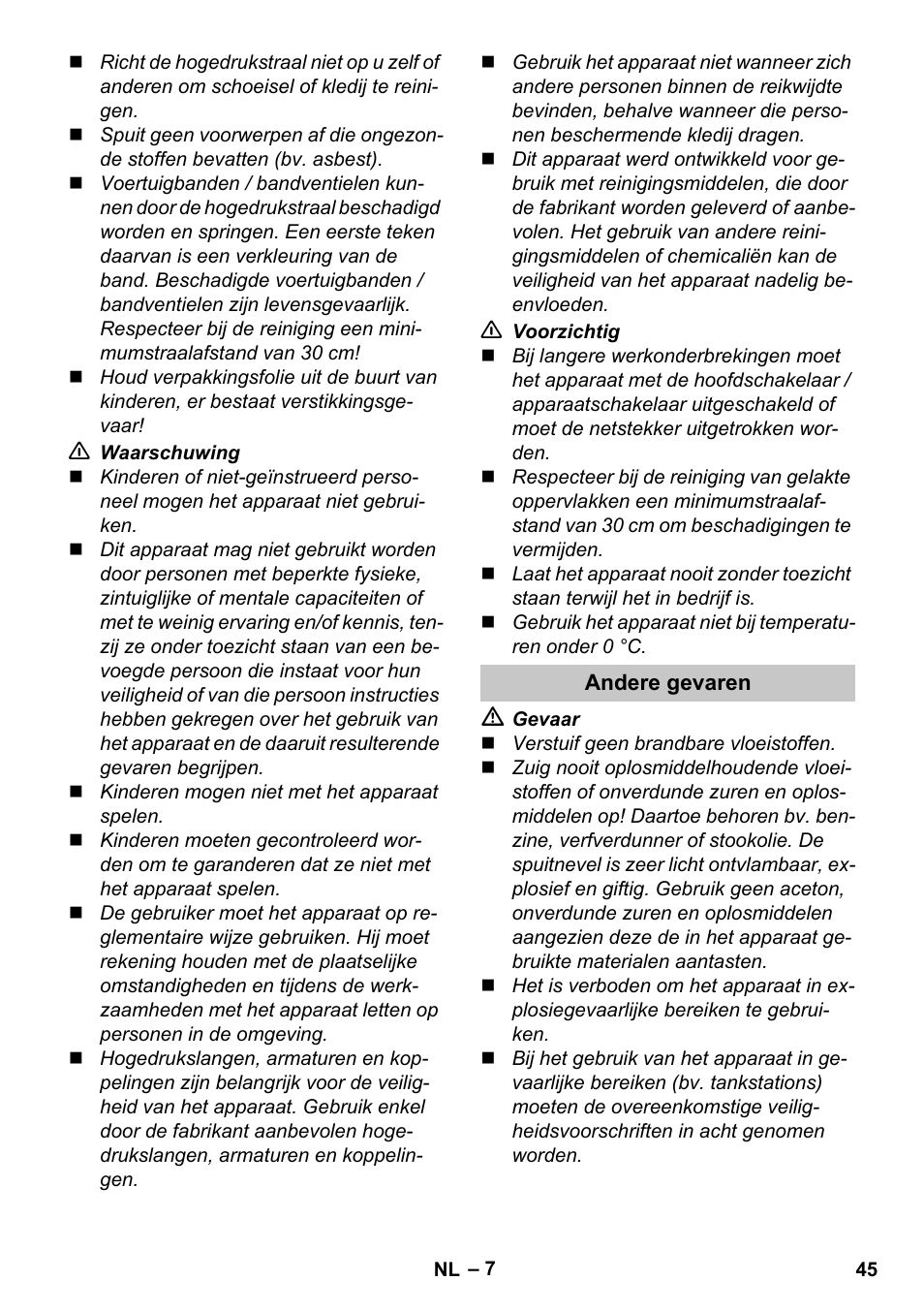 Andere gevaren | Karcher K 4 Compact User Manual | Page 45 / 274