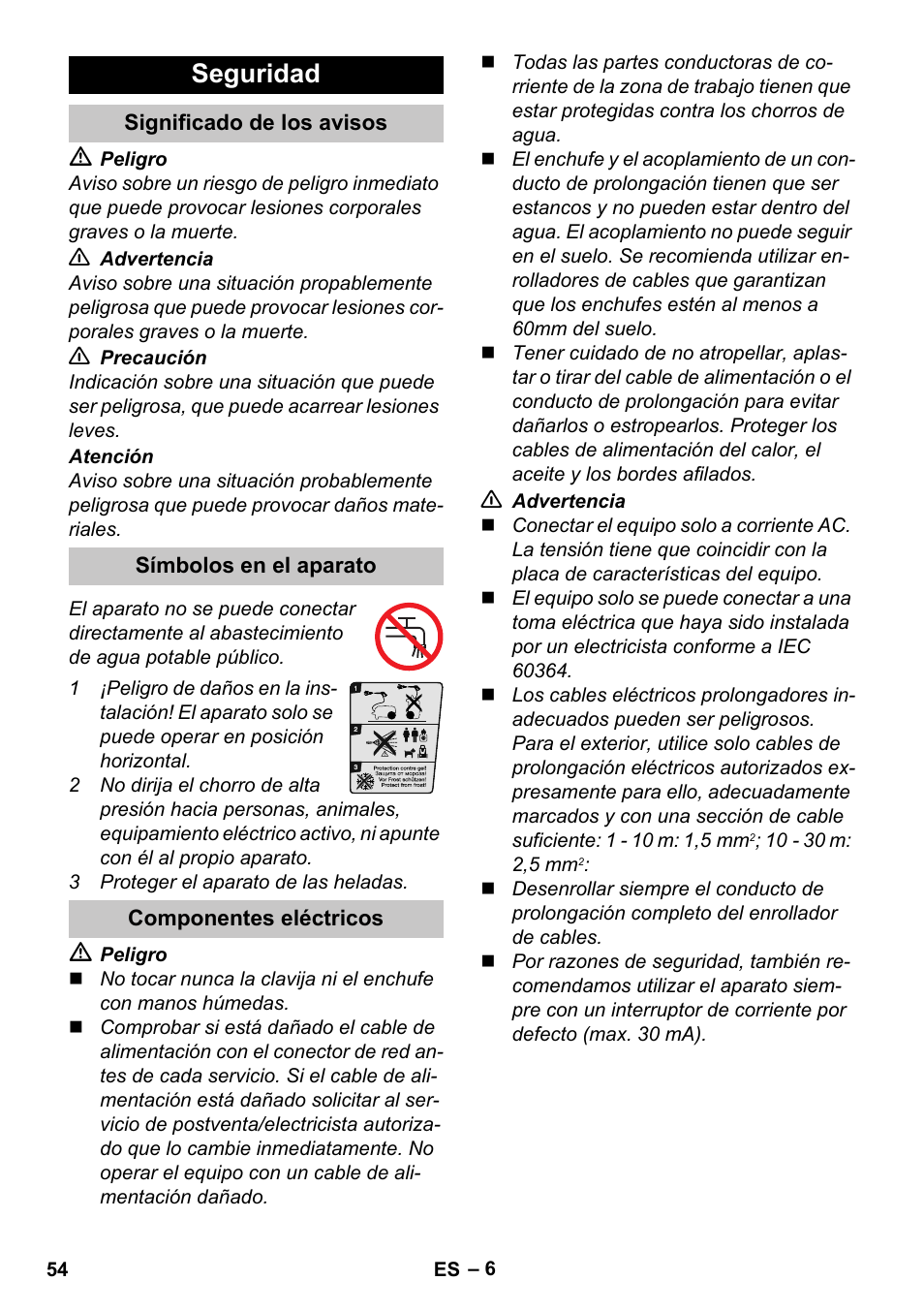 Seguridad, Significado de los avisos, Símbolos en el aparato | Componentes eléctricos | Karcher K 4 Compact User Manual | Page 54 / 274