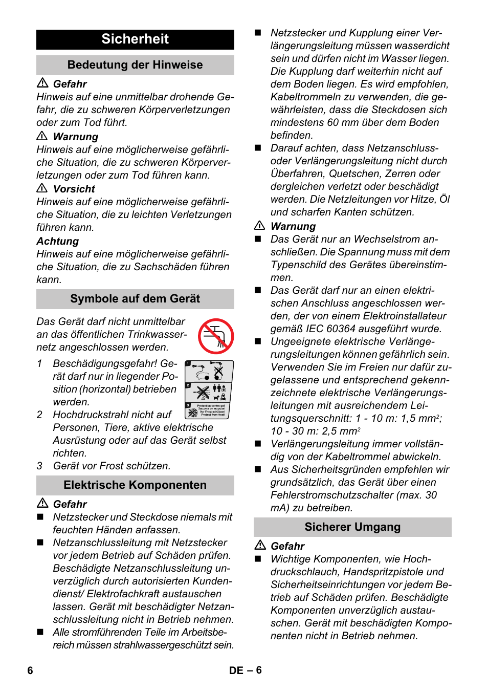 Sicherheit, Bedeutung der hinweise, Symbole auf dem gerät | Elektrische komponenten, Sicherer umgang | Karcher K 4 Compact User Manual | Page 6 / 274