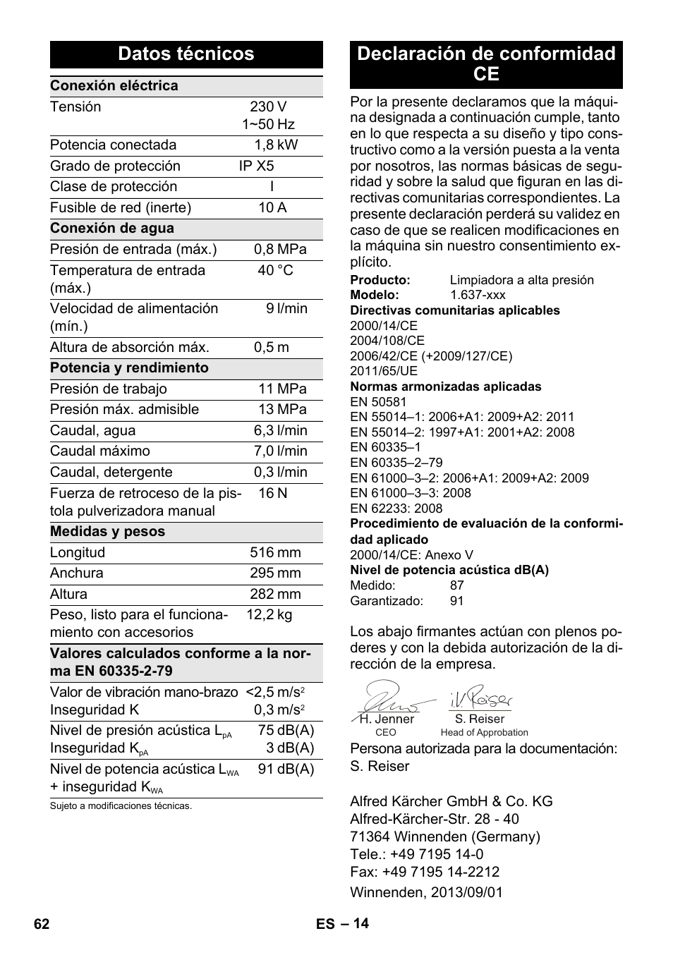 Datos técnicos, Declaración de conformidad ce | Karcher K 4 Compact User Manual | Page 62 / 274